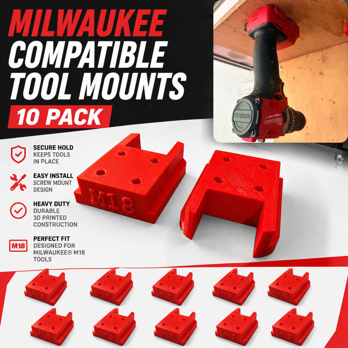 10x Milwaukee M18 18V TOOL SKIN Holder Wall/Shelf Mount Slide-On Storage