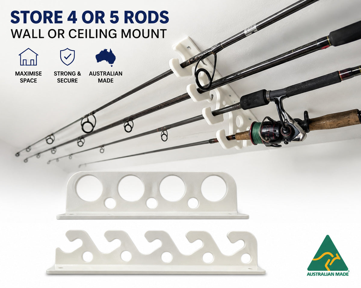 Fishing Rod Holder - Wall or Ceiling Storage Rack Carrier for 4/5 Rods AUS MADE