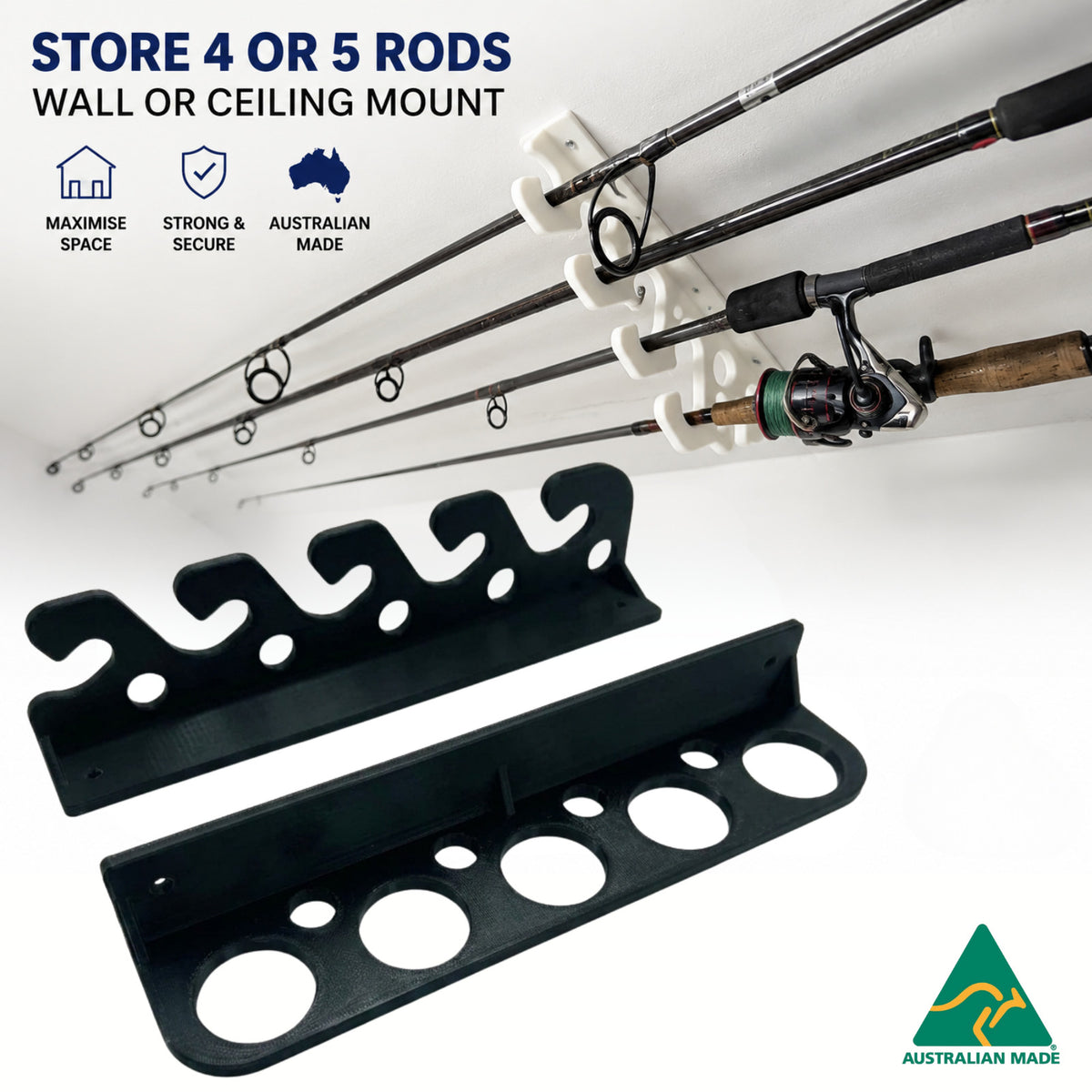 Fishing Rod Holder - Wall or Ceiling Storage Rack Carrier for 4/5 Rods AUS MADE